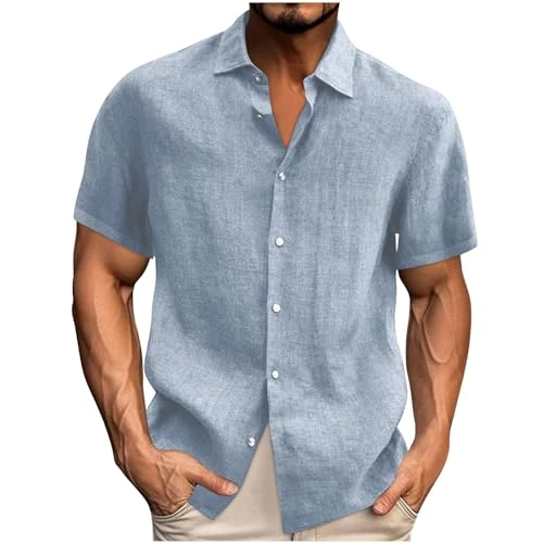 Mens Shirts Short Sleeve Linen Smart Casual Tops Solid Regular Fit Blouses Summer Button Up Shirt & 