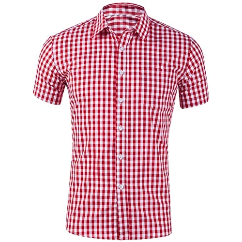 Mens Shirts Short Sleeve Regular-Fit Casual Plaid Shirt Classics Lapel Business Gingham Check Shirt 