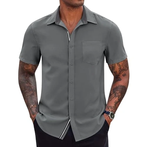 Mens Shirts Short Sleeve Summer Blouses Plain Casual Lapel Button Down Dress Shirt with Pocket Regul