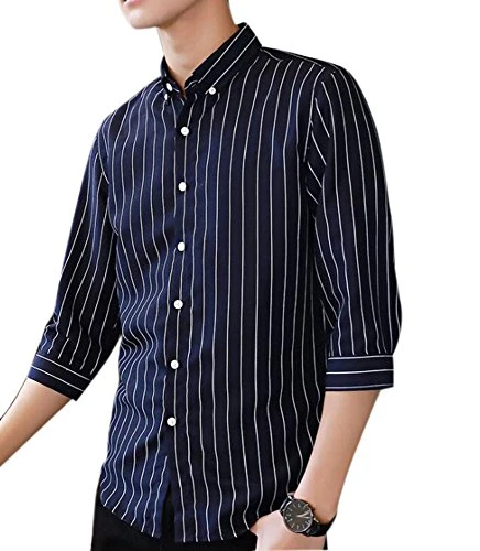 Men's Shirts,Quick Dry Half Sleeve Striped Slim fit Button Down Shirt Navy