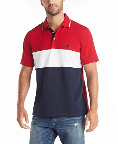 Men's Short Sleeve 100% Cotton Pique Color Block Polo Shirt Red, XXXL