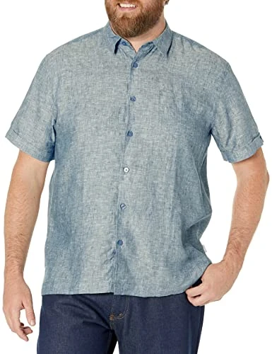 Men's Short Sleeve 100% Linen Cross-Dyed Button-Down Shirt with Pocket, Legion Blue, Medium