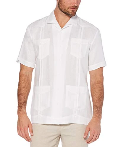 Men's Short-Sleeve 100% Linen Guayabera Button Down Shirt, Bright White, XL