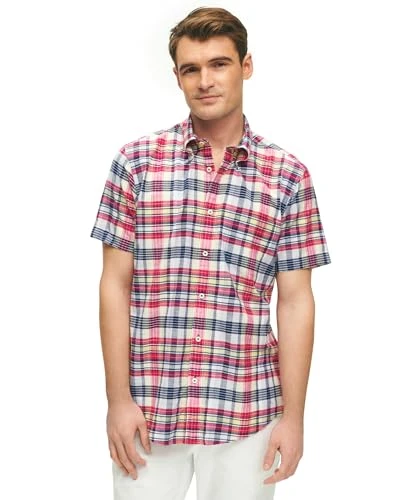 Men's Short Sleeve Button Down Cotton Madras Sport Shirt, Plaid, Madras, Large