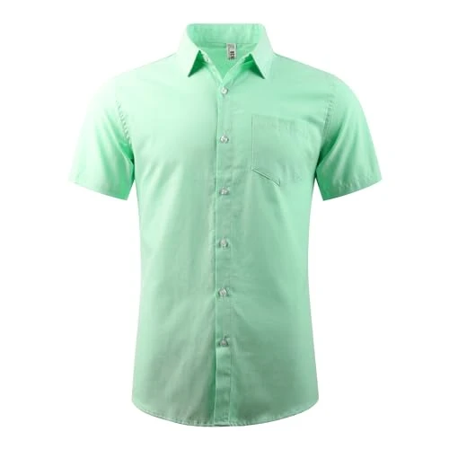 Mens Short Sleeve Button Down Oxford Dress Shirt Summer Casual Tops, Green, XXL