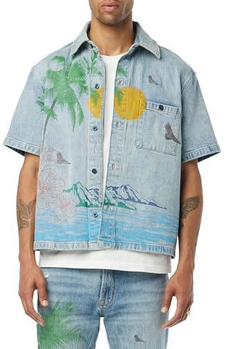 Men's Short Sleeve Button Up Camp Shirt, Indigo Palm, Large