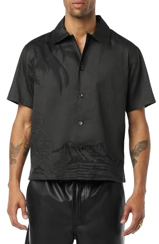 Men's Short Sleeve Button Up Camp Shirt, Night Palm, Large