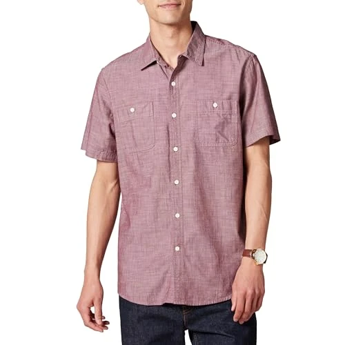 Men's Short-Sleeve Chambray Shirt, Burgundy, L