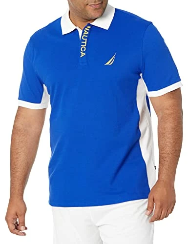 Men's Short Sleeve Color Block Performance Pique Polo Shirt, Bright Cobalt, Medium