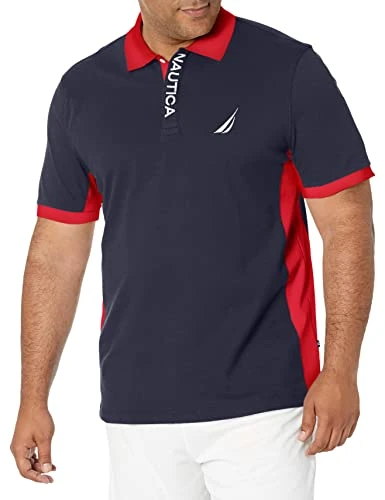 Men's Short Sleeve Color Block Performance Pique Polo Shirt, Navy, 3XL