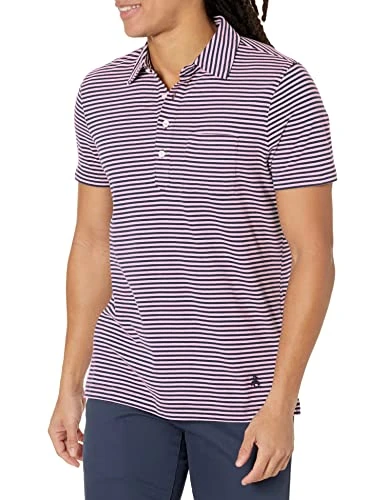 Men's Short Sleeve Cotton Jersey Polo Shirt, Feeder Stripe, Pink/Navy, Large