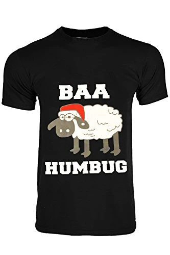 Mens Short Sleeve Crew Neck Christmas Printed Xmas Stretchy T-Shirt Basic Top Baa Humbug Black Medium