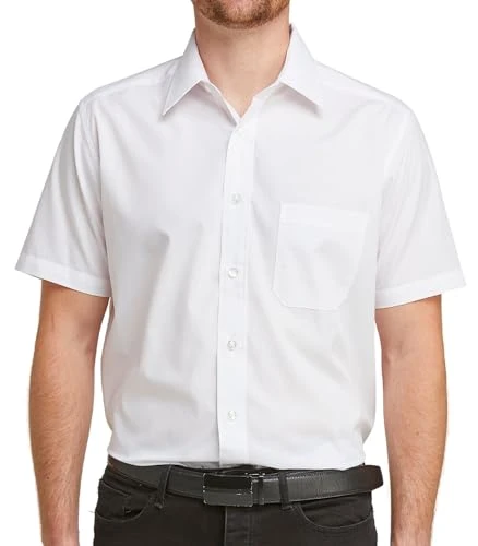 Men's Short Sleeve Dress Shirt Easy Care Classic Fit Formal Plain Business Shirt - White, 16in Colla