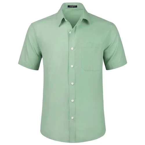 Mens Short Sleeve Dress Shirt Regular Fit Casual Formal Bean Green Shirts for Men Button Down Busine