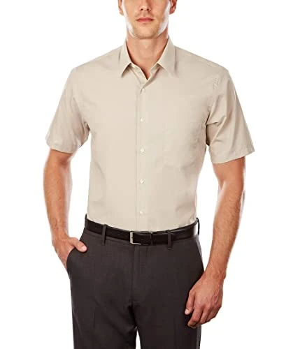 Men's Short Sleeve Dress Shirt Regular Fit Poplin Solid, Stone, XXL (Neck 47 cm)