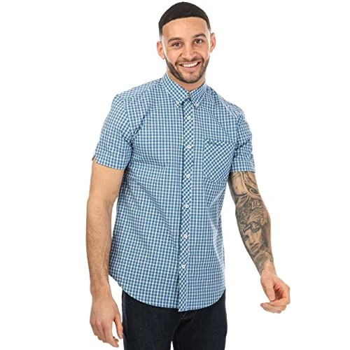 Men's Short Sleeve Gingham Shirt in Blue