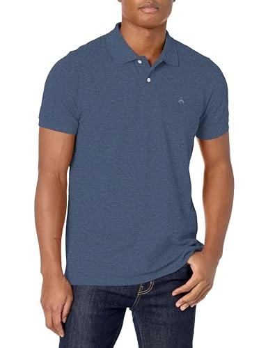 Men's Short Sleeve Heathered Cotton Pique Stretch Logo Polo Shirt, Navy, L/XL