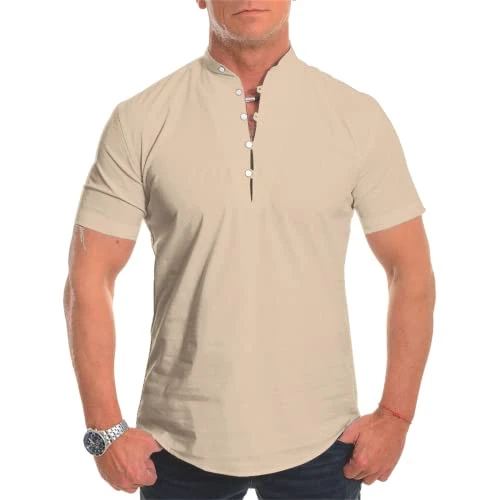 Mens Short Sleeve Henley Shirt Solid Color Casual V-Neck T-Shirt Cotton Slim Fit Gym Shirt Basic Tee