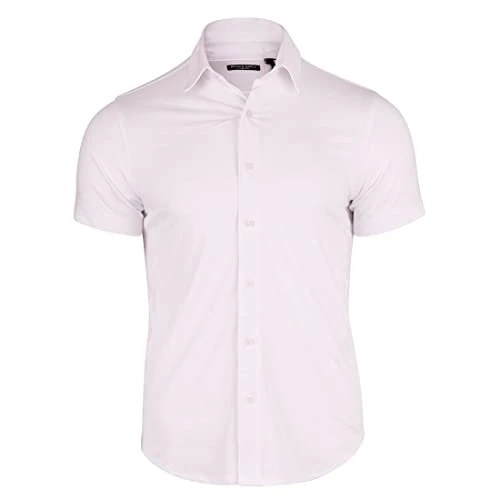 Mens Short Sleeve Plain Shirt Full Button Collared Curved Hem Casual Summer White S