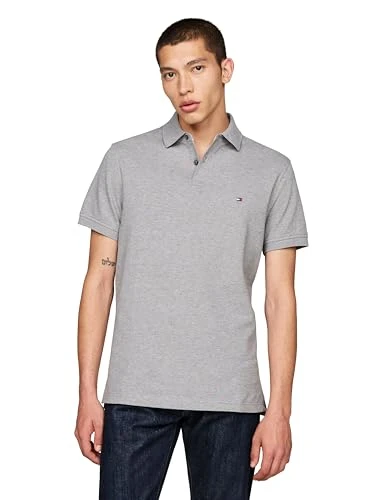 Men's Short Sleeve Polo Shirts in Slim Fit with Stretch and Organic Pique Cotton, Medium Grey Heathe