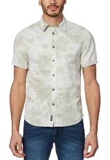 Men's Short Sleeve Printed Button Down Shirt, Army Green, Large