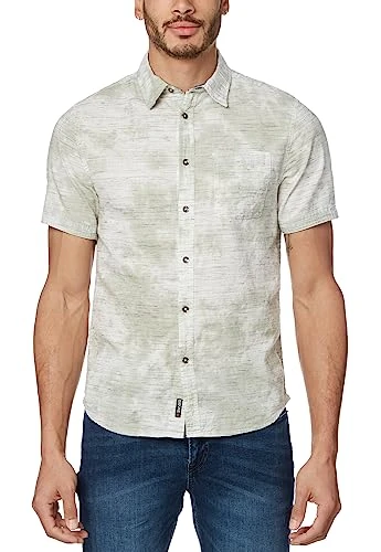 Men's Short Sleeve Printed Button Down Shirt, Army Green, Large