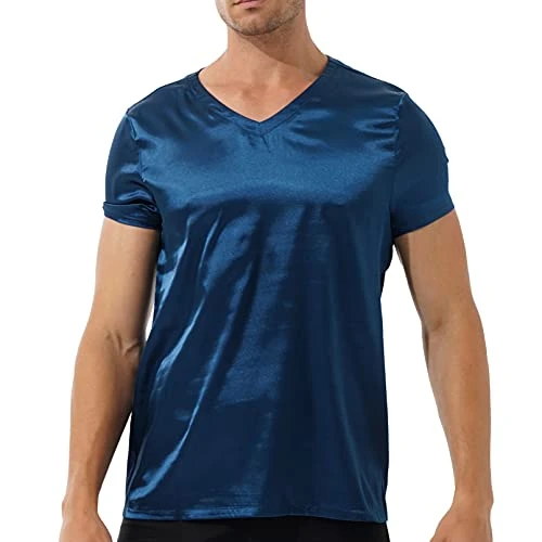 Men's Short Sleeve Satin Shirt Solid Plain V Neckline Comfy Soft Silky Night & Day Pyjama Top Navy_B