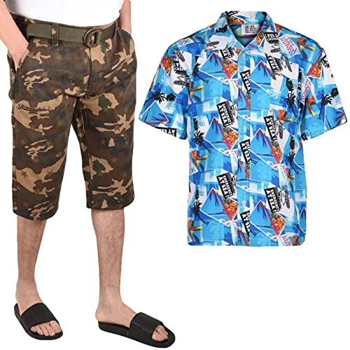 Mens Short Sleeve Set Tops + Shorts Hawaiian Shirt Cargo Combat Half Pants Set A S-30