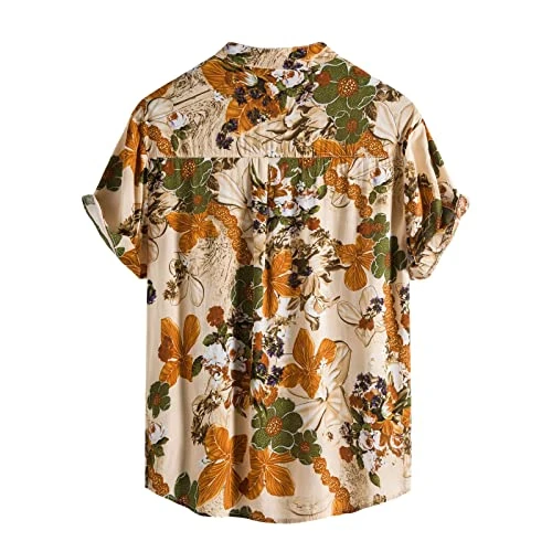 Men's Short Sleeve Shirt Casual Men's Spring Flower Print Top Shirts Stand Collar Single Breasts Fas