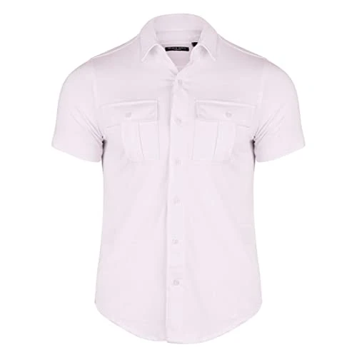 Mens Short Sleeve Shirt Full Button Chest Pockets Curved Hem Casual Summer White S