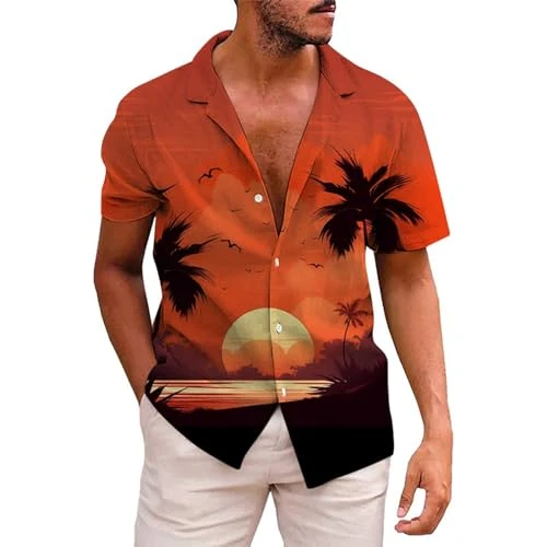 Men's Short Sleeve Shirt Summer Casual 3D Print Hawaiian Short Sleeve Shirts Size Chart, orange, 3XL