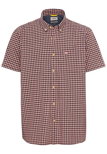 Men's Short Sleeve Shirt with Small Check Pattern Made of Pure Cotton, red, M