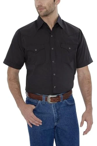 Men's Short Sleeve Solid Western Shirt Button, Black, XXL