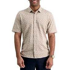 Mens Short Sleeve Stretch Fashion Print Shirt, Khaki, S