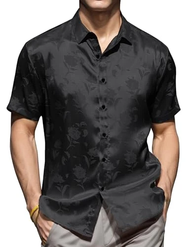 Men's Short Sleeve Summer Shirt Jacquard Regular Fit Shirts Casual Summer Beach Shirt Button Down Fl