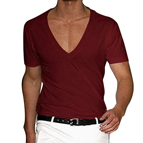 Men's Short Sleeve Summer Short Sleeve V-Neck Solid Pullover Casual Men T-Shirt Men Basic Blouse T-Shirt Blouses Plus Size T-Shirt Top, Wine, 3XL