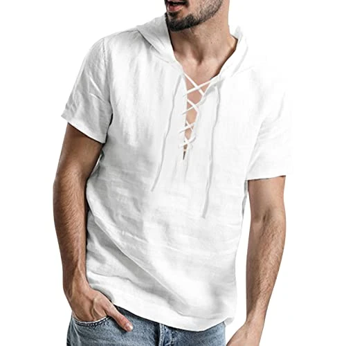 Men's Short Sleeve T-Shirt Summer Men's Spring and Summer Leisure Travel Cotton Linen Vintage Hooded