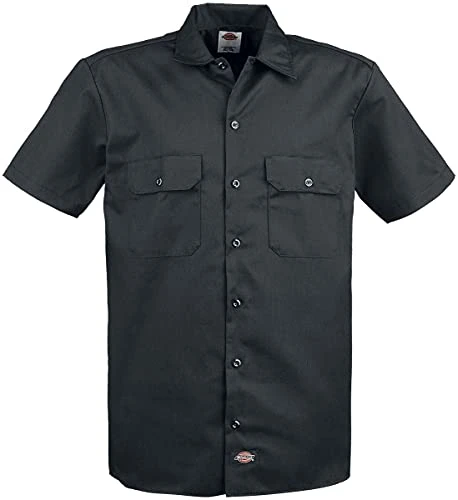 Men's Short Sleeve Work Workwear Shirt, Black, L