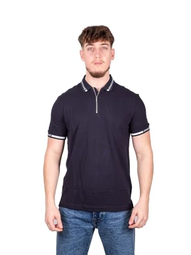 Men's Short Sleeve Zip Up Logo Collar Polo Shirt, Deep Navy, XXL