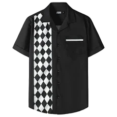 Men's Short-Sleeved Casual Shirt with Pocket Hawaii Print Shirt Men Regular Fit Summer Shirt, black white, L