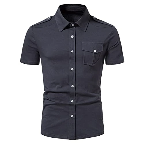 Men's Short-Sleeved Shirts with Pattern, Cotton Button, Short Sleeve, Summer, Beach, Casual Chablis Shirt and Jumper, gray, S