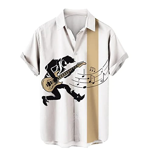 Men's Short-Sleeved T-Shirt, Summer Fashion, Musical Instruments, Digital 3D Printed Lapel Buttons, Short Sleeve Shirts and Tops, Royal Blue, White, 3XL