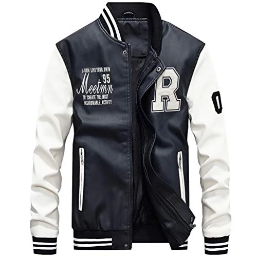 Mens Short Winter PU Leather Jacket Casual Stand Collar Leather Baseball Clothing Mixed Color Outerwear White L