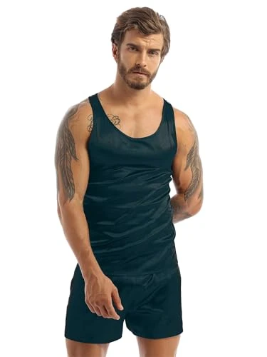 Men's Silk Satin Sleeveless Tank Tops with Pants Robe Sleepwear Nightgown Lingerie Suit Navy_Blue M