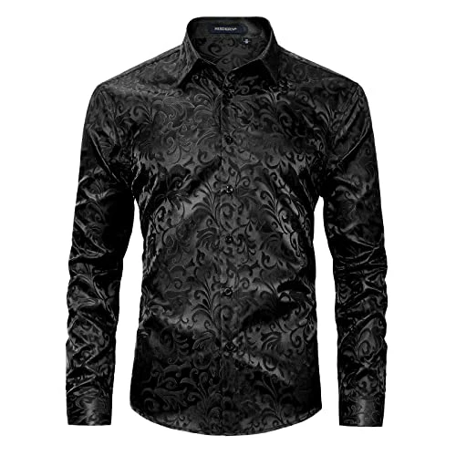 Men‘s Silk Shirt Black Paisley Dress Shirts for Men Long Sleeve Button Down Wedding Party Prom Sat