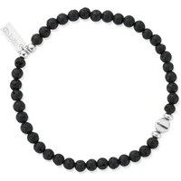 Mens Silver Black Lava Bracelet - Silver