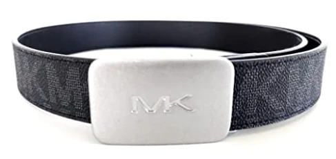 Mens Silver Buckle MK Logo Belt Black (34), Grey Mens Silver Buckle MK Logo Belt Black (34), Grey