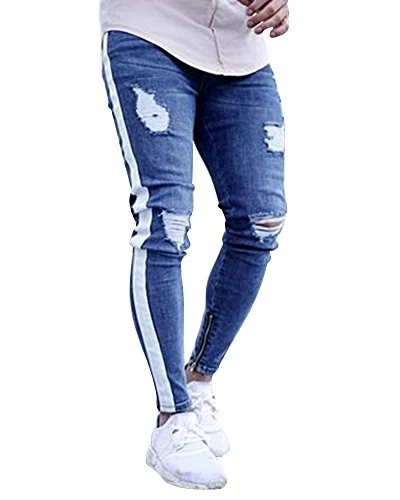Mens Skinny Stretch Slim Fit Denim Jeans Knee Ripped Trousers Light Blue L