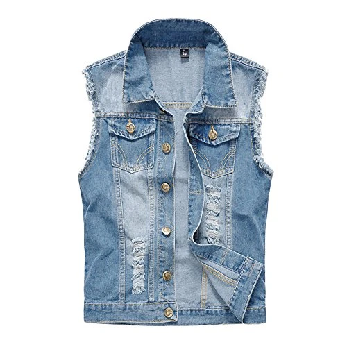 Mens Sleeveless Brushed Denim Vest Destoryed Holes Waistcoat Tops Blazer Casual Slim Fit Skinny Dres