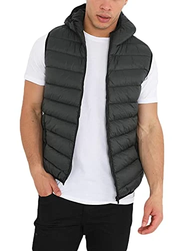 Mens Sleeveless Hooded Gilet Body Warmer Padded Puffer Quilted Jacket Khaki XL
